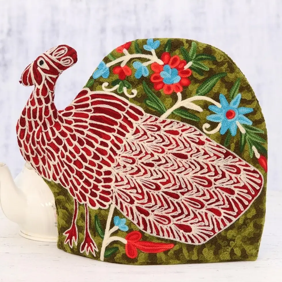 Peacock-Shaped Aari Embroidered Wool Tea Cozy from India 'Peacock Strut'
