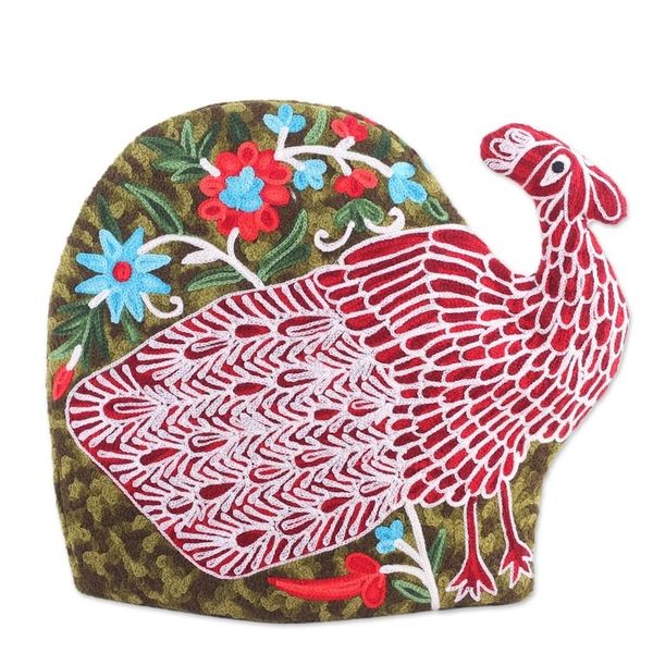 Alternate image for Peacock-Shaped Aari Embroidered Wool Tea Cozy from India Peacock Strut