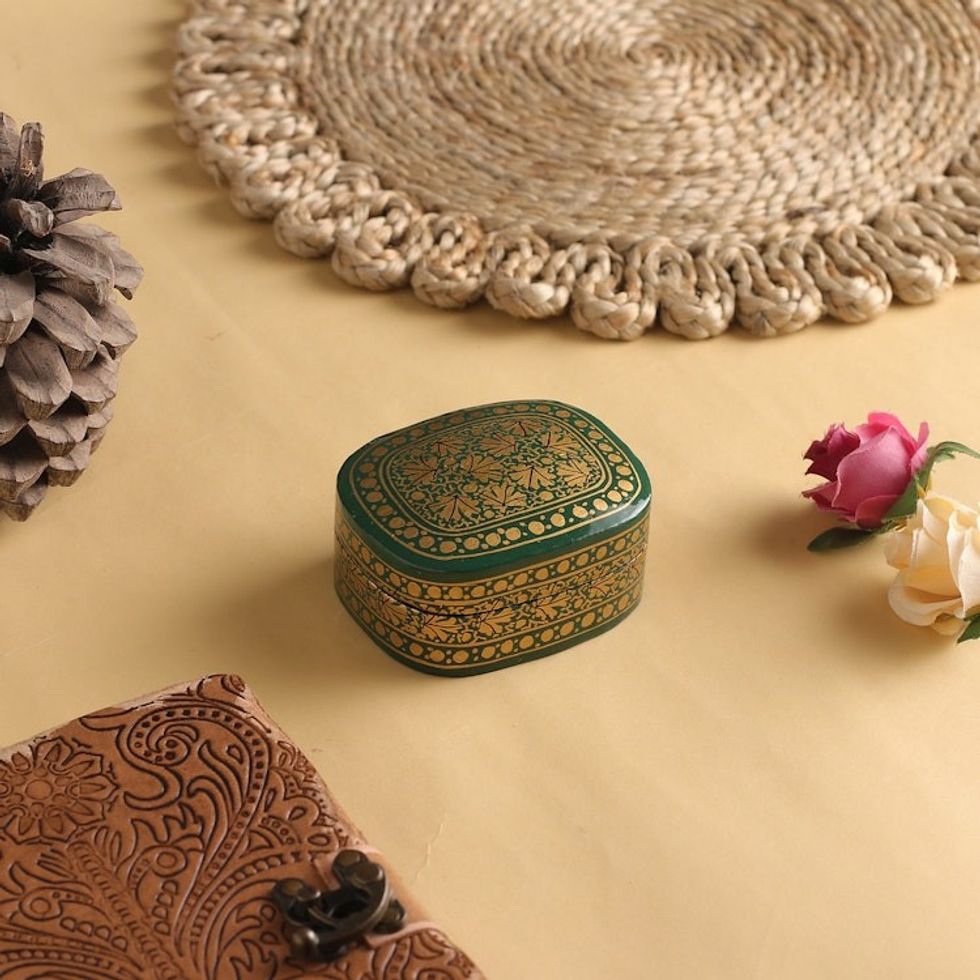 Green and Gold Papier Mache Decorative Box from India 'Graceful Viridescence'