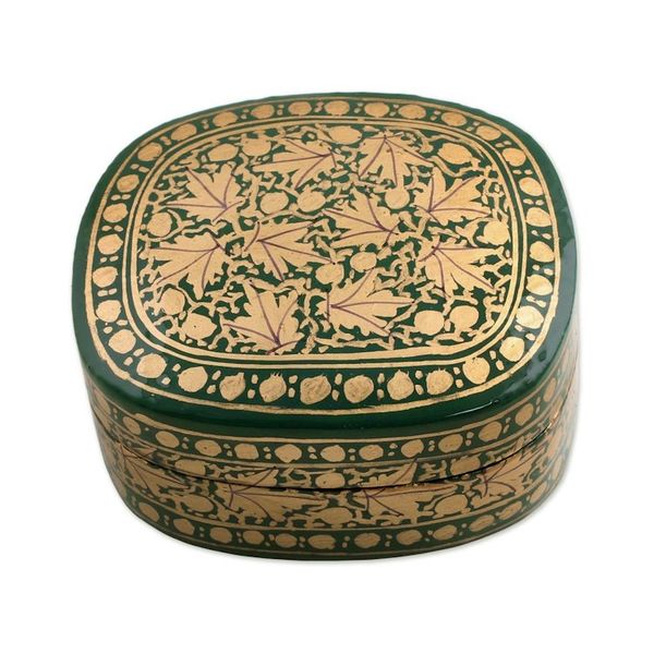 Alternate image for Green and Gold Papier Mache Decorative Box from India Graceful Viridescence