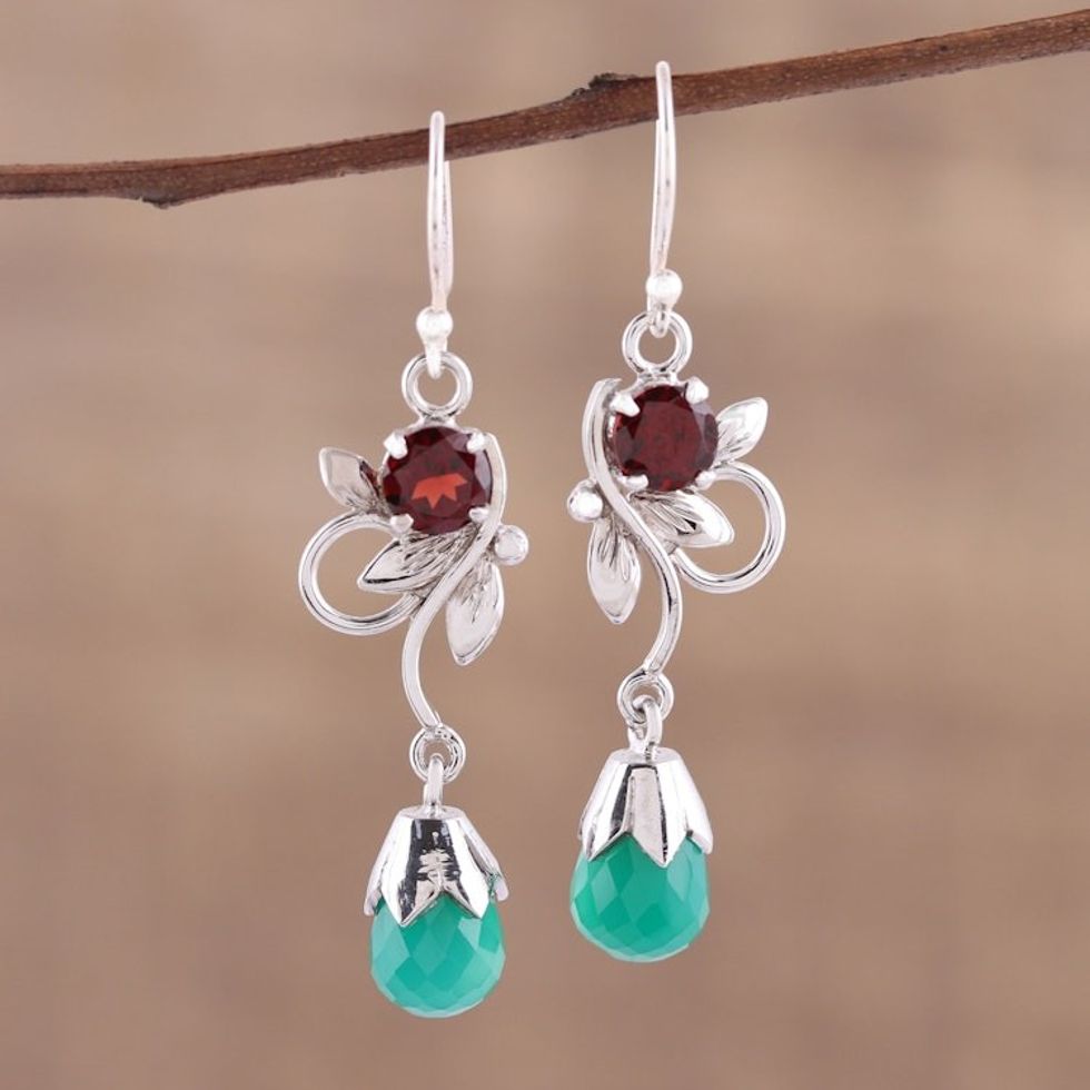 Leaf Motif Green Onyx and Garnet Earrings from India 'Lost in Romance'