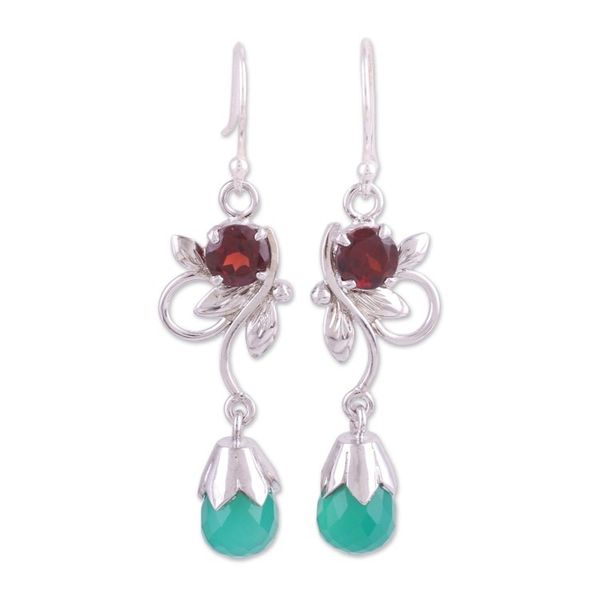 Alternate image for Leaf Motif Green Onyx and Garnet Earrings from India Lost in Romance