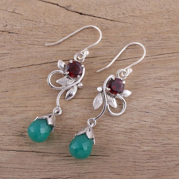 Alternate image for Leaf Motif Green Onyx and Garnet Earrings from India Lost in Romance