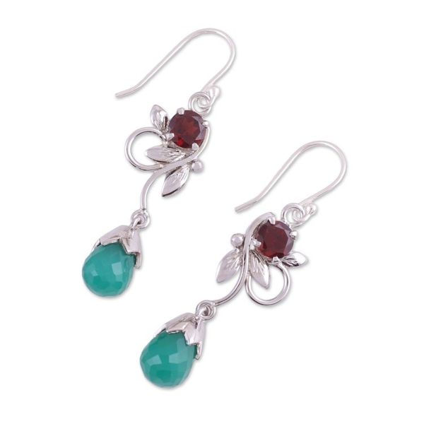 Alternate image for Leaf Motif Green Onyx and Garnet Earrings from India Lost in Romance