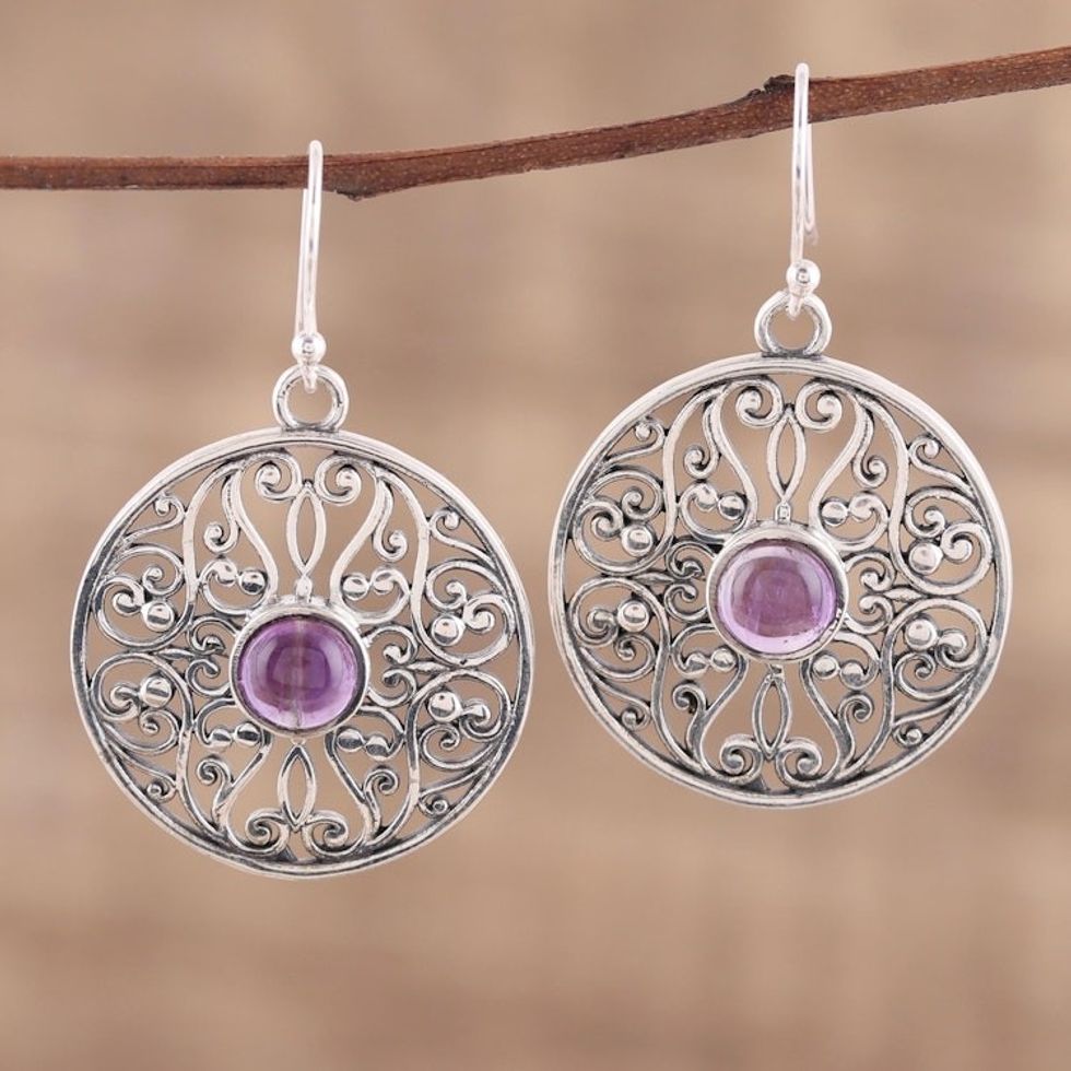 Amethyst and Sterling Silver Jali Dangle Earrings from India 'Shalimar Gardens'