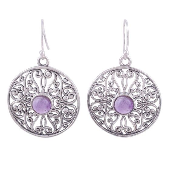 Alternate image for Amethyst and Sterling Silver Jali Dangle Earrings from India Shalimar Gardens