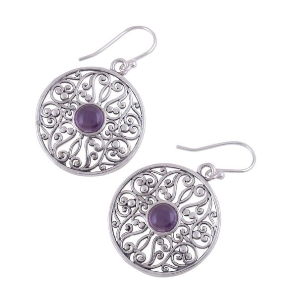 Alternate image for Amethyst and Sterling Silver Jali Dangle Earrings from India Shalimar Gardens