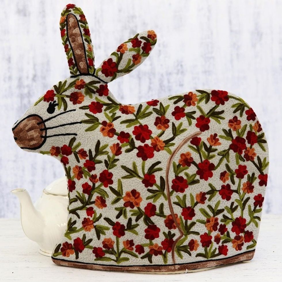 Indian Chain Stitched 100 Wool and Cotton Rabbit Tea Cozy 'Hopping Rabbit'