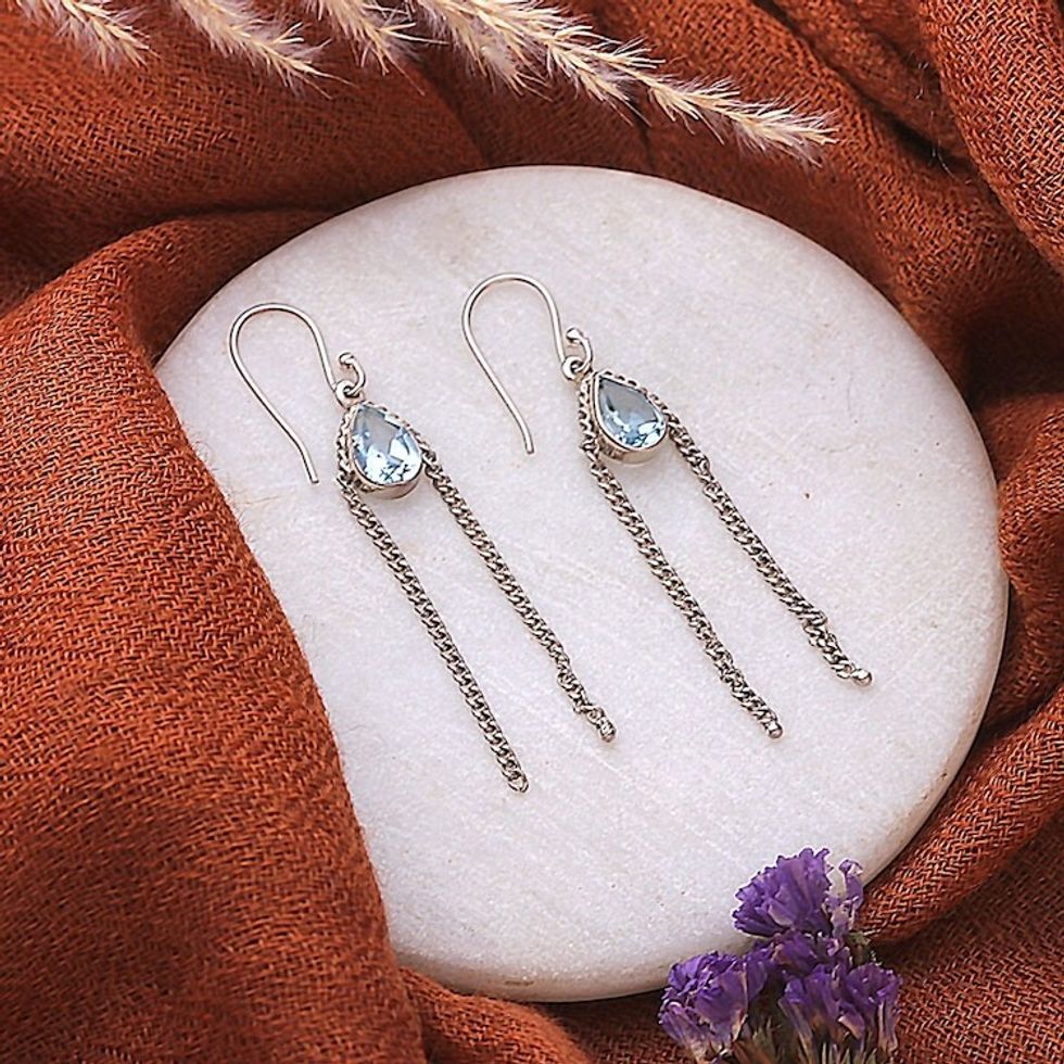 Teardrop Blue Topaz Dangle Earrings from India 'Sky Chains'
