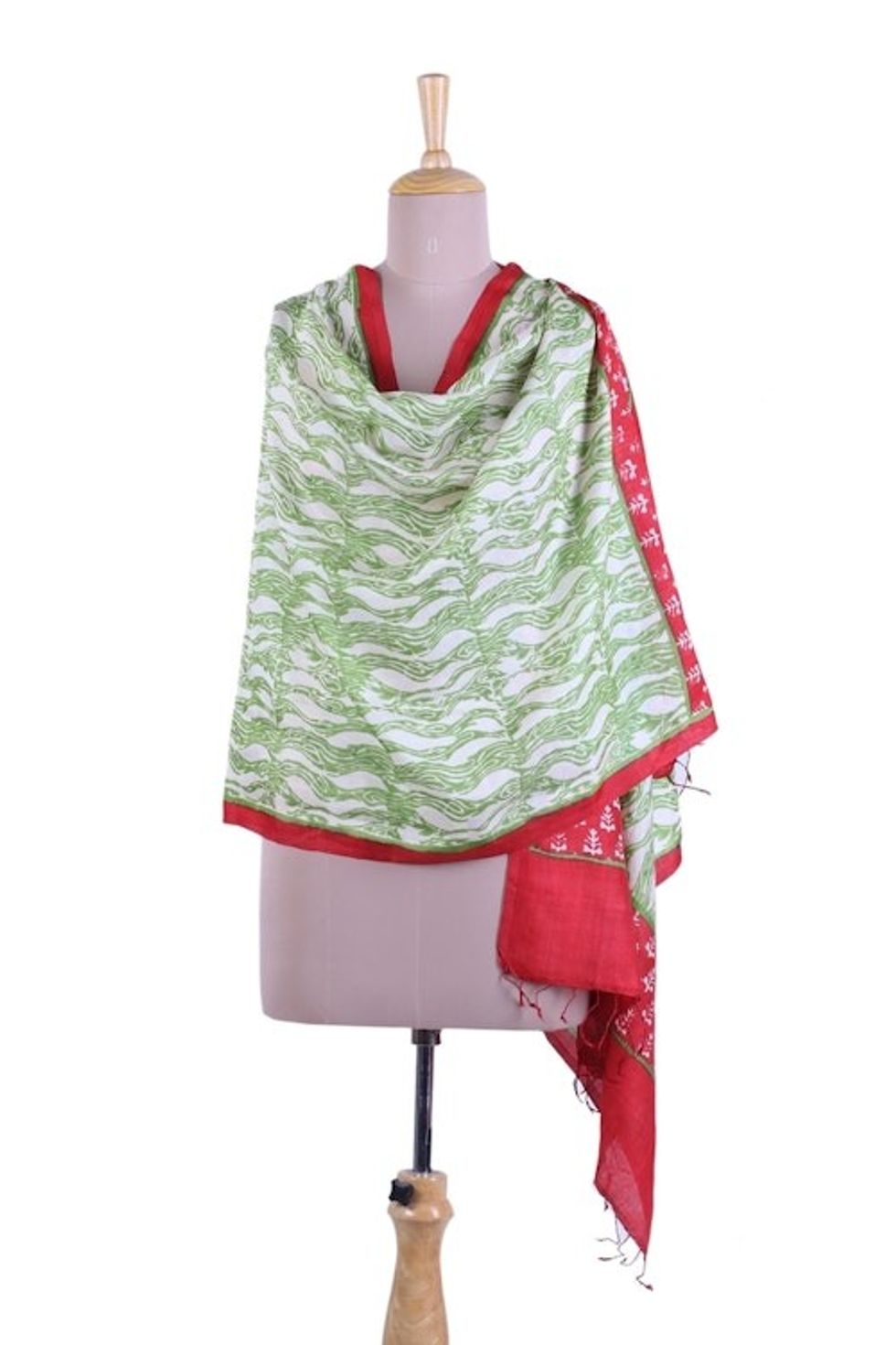 Green And Red Block Printed All Silk Shawl 'Green Ripples'