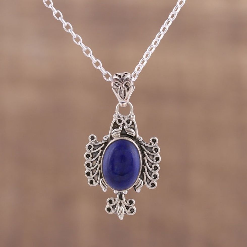 Oval Lapis Lazuli Pendant Necklace from India 'Royal Plumage'