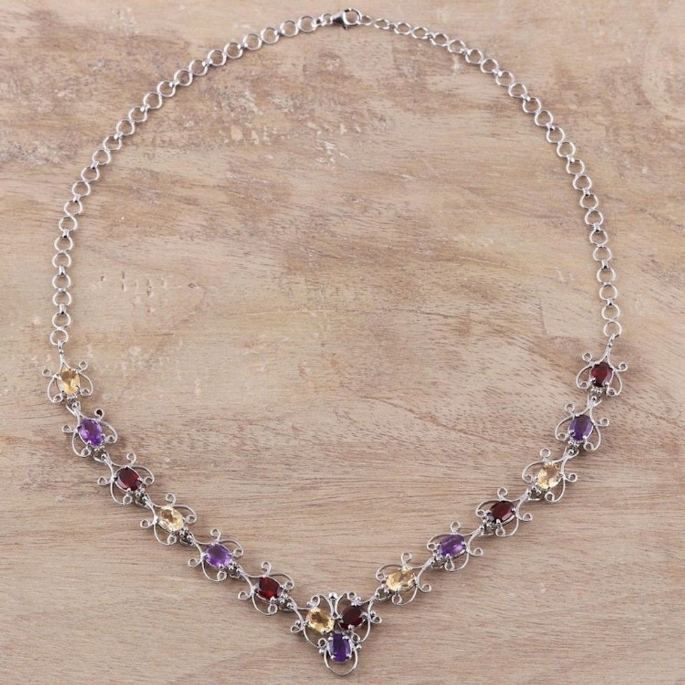 Hand Crafted Multi-Gemstone Link Necklace from India 'Trinity Grandeur'