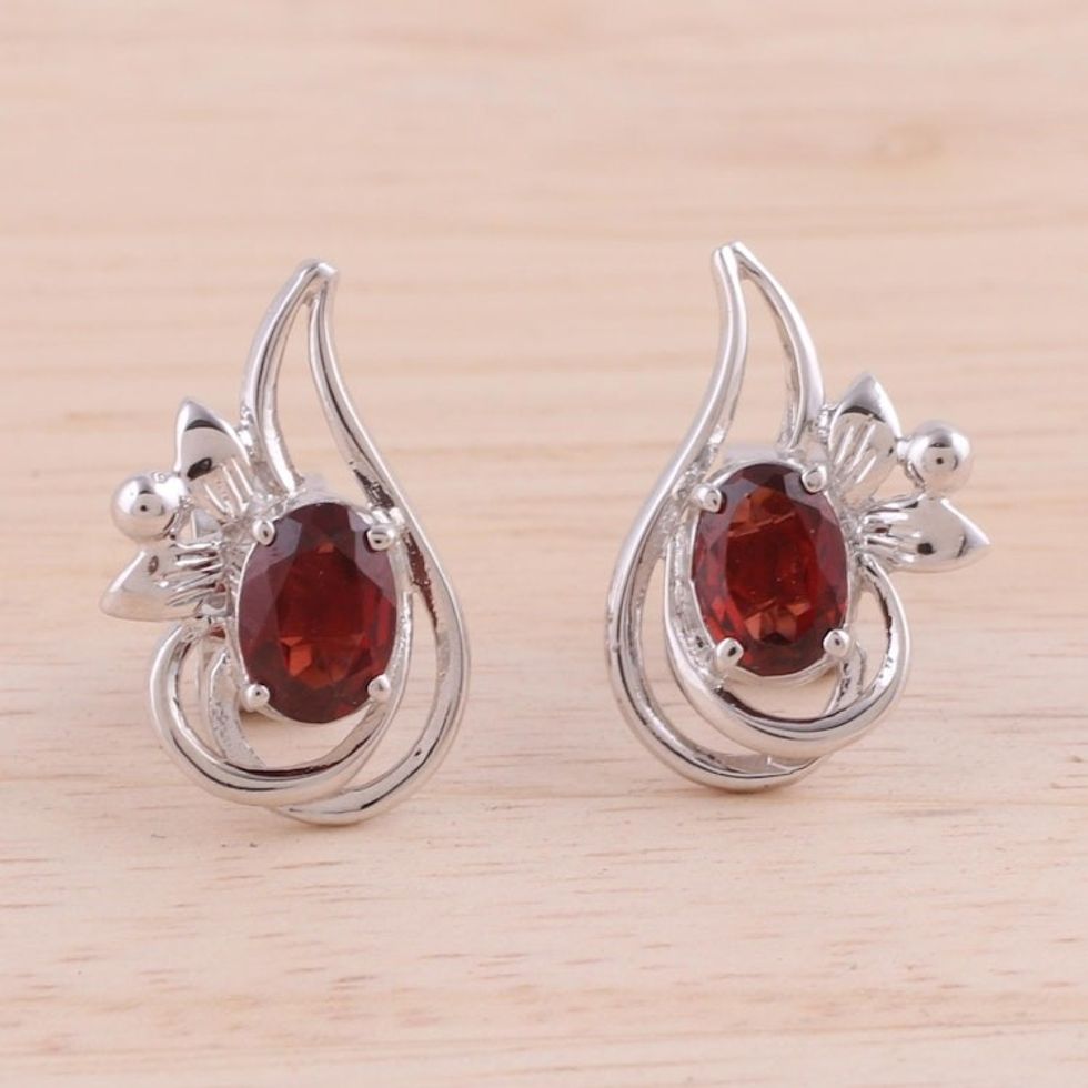 Rhodium Plated Garnet Paisley-Shaped Earrings from India 'Classic Paisley'