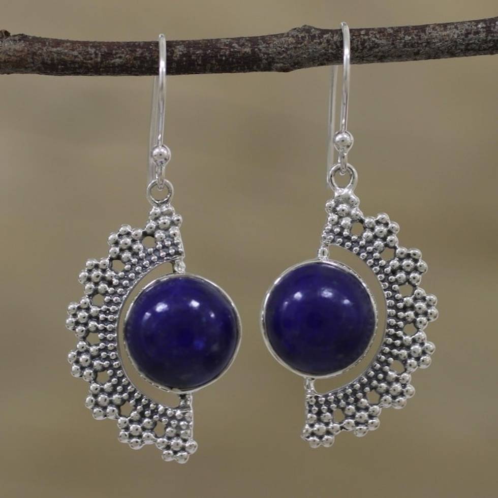 Lapis Lazuli Bubbly Dangle Earrings from India 'Bubbly Half Moons'