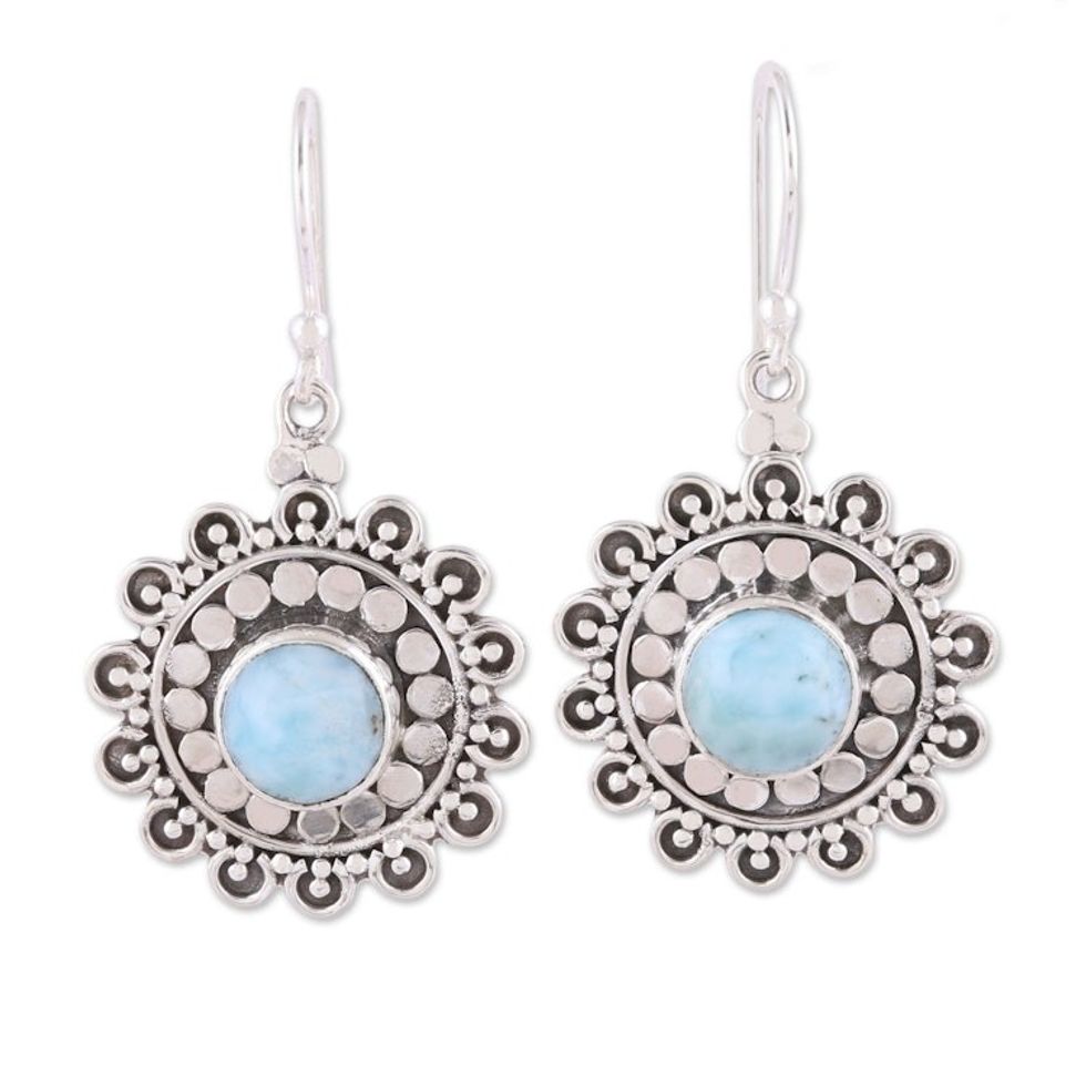Larimar and Sterling Silver Dangle Earrings from India 'Floral Lake'