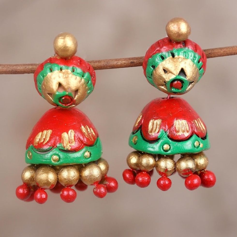 Festive Red Green and Gold Ceramic Jhumki Dangle Earrings 'Festive Red'
