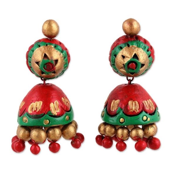 Alternate image for Festive Red Green and Gold Ceramic Jhumki Dangle Earrings Festive Red