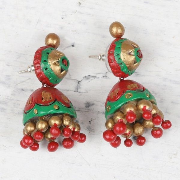 Alternate image for Festive Red Green and Gold Ceramic Jhumki Dangle Earrings Festive Red