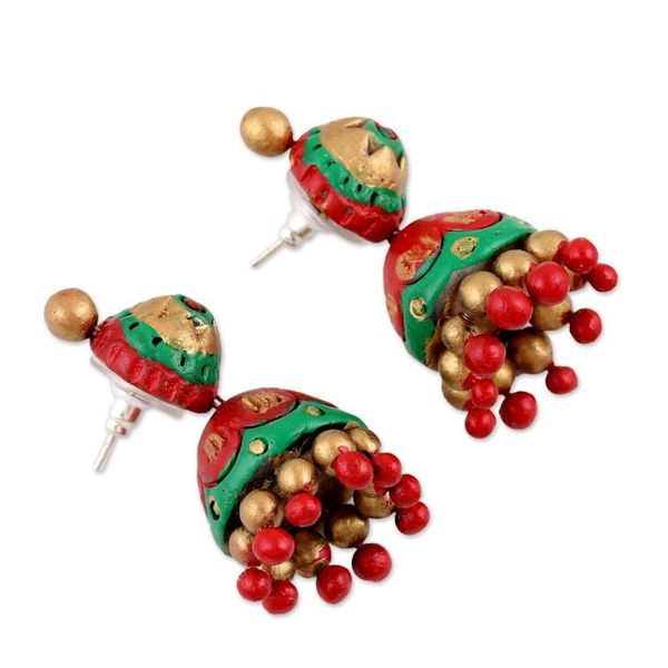 Alternate image for Festive Red Green and Gold Ceramic Jhumki Dangle Earrings Festive Red