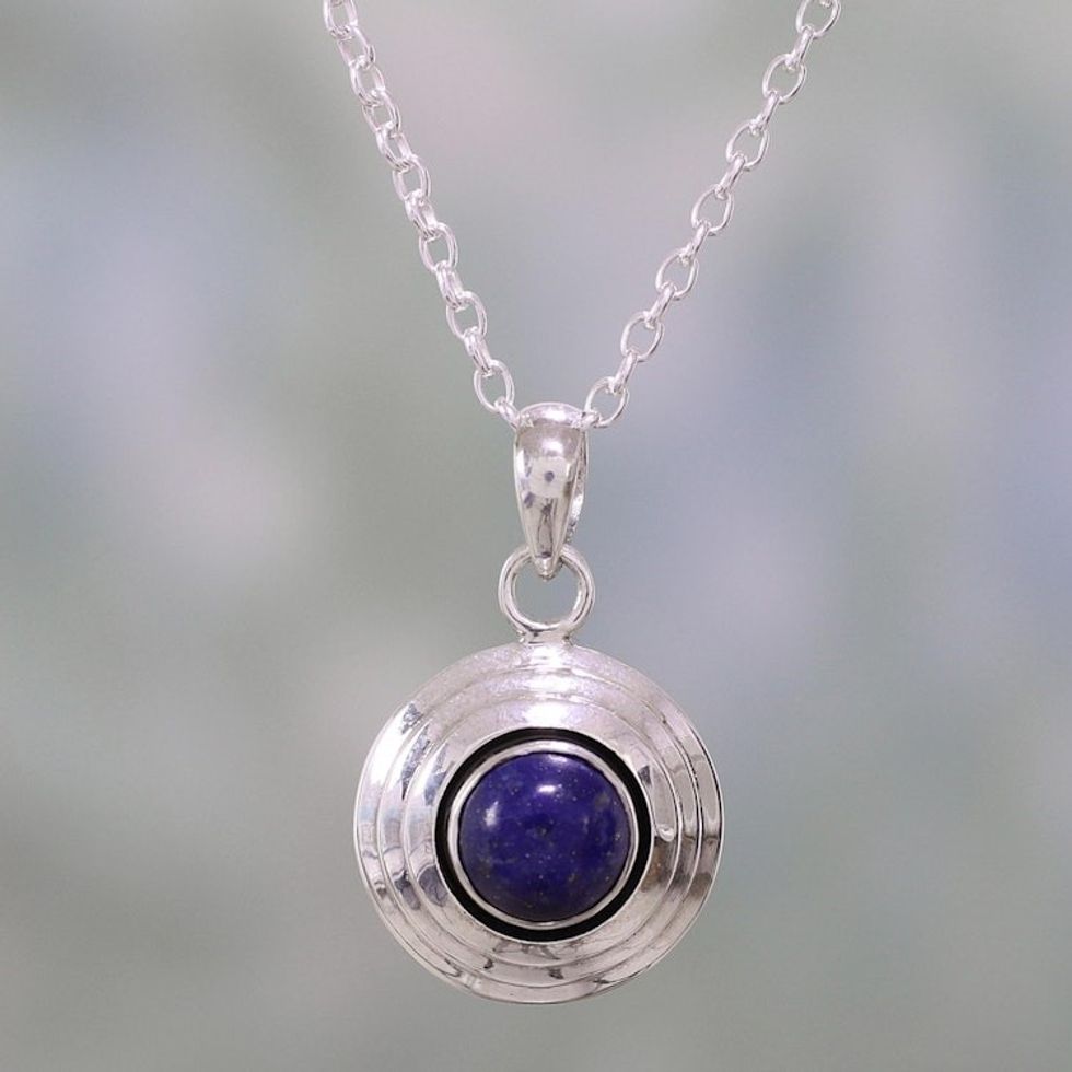 Lapis Lazuli and Sterling Silver Pendant Necklace from India 'Midnight Disc'