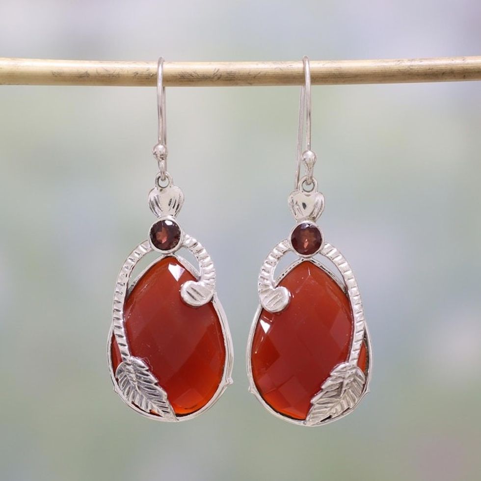 Carnelian and Garnet Leaf Dangle Earrings from India 'Leafy Radiance'