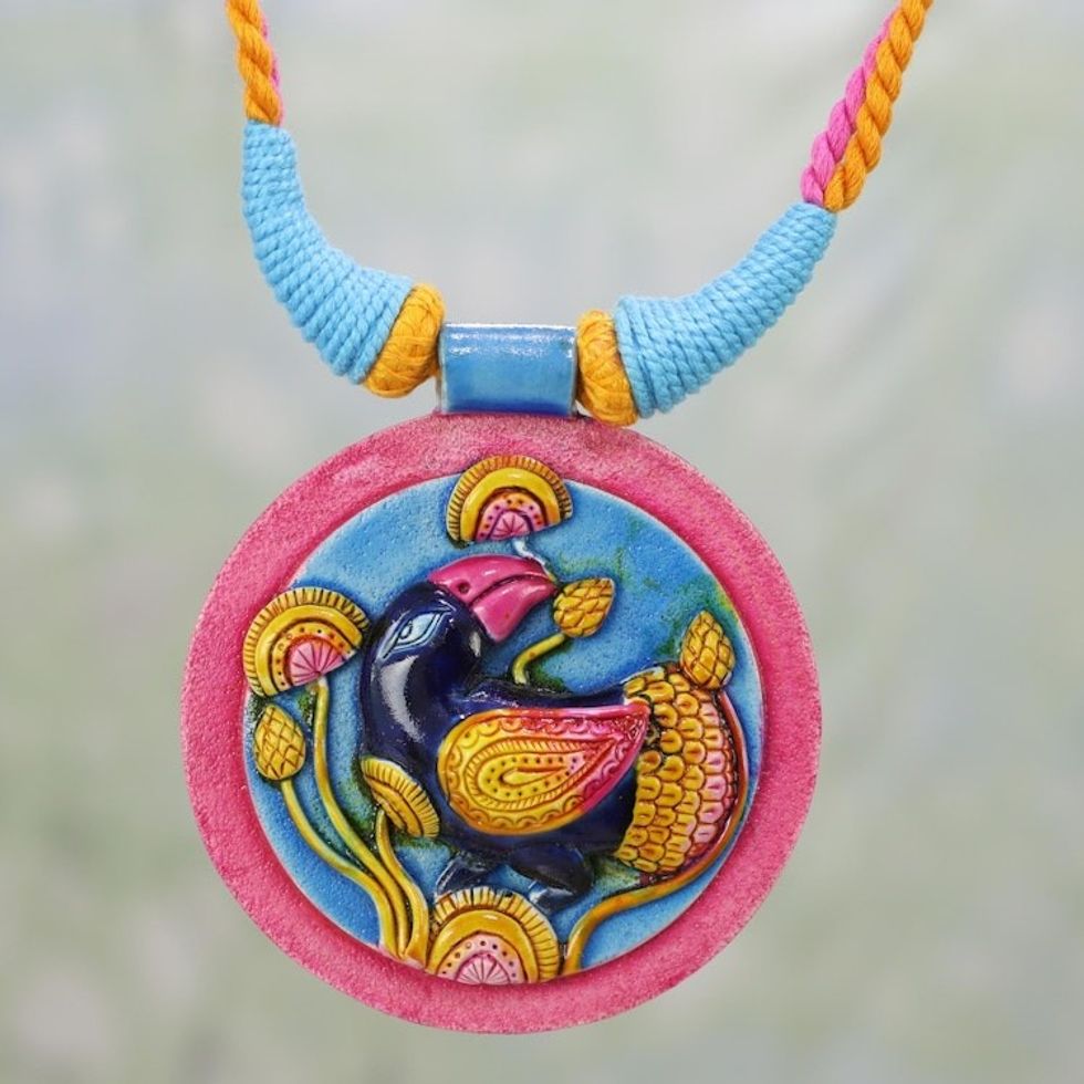 Colorful Ceramic and Cotton Bird Pendant Necklace from India 'Nightingale Song'
