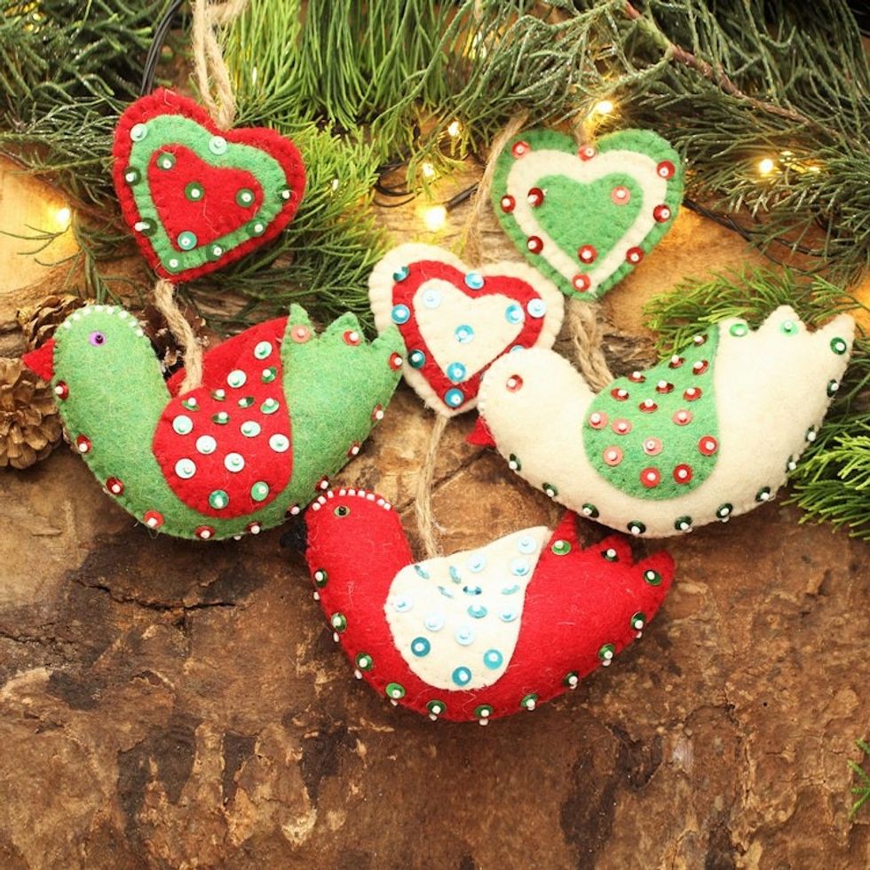 Heart and Bird-Shaped Wool Ornaments Set of 6 from India 'Love Messengers'