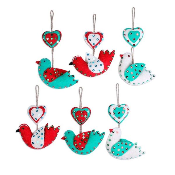 Alternate image for Heart and Bird-Shaped Wool Ornaments Set of 6 from India Love Messengers