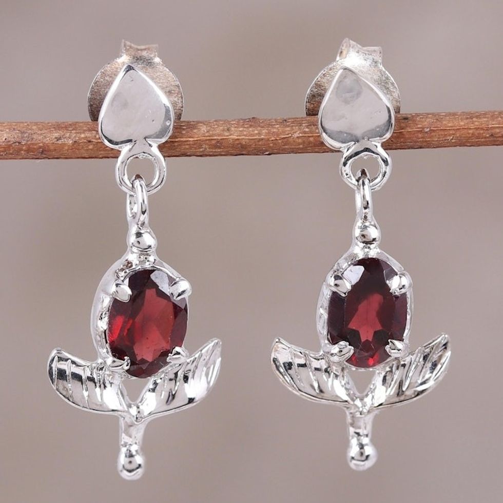 Rhodium Plated Garnet Dangle Earrings from India 'Regal Scarlet'