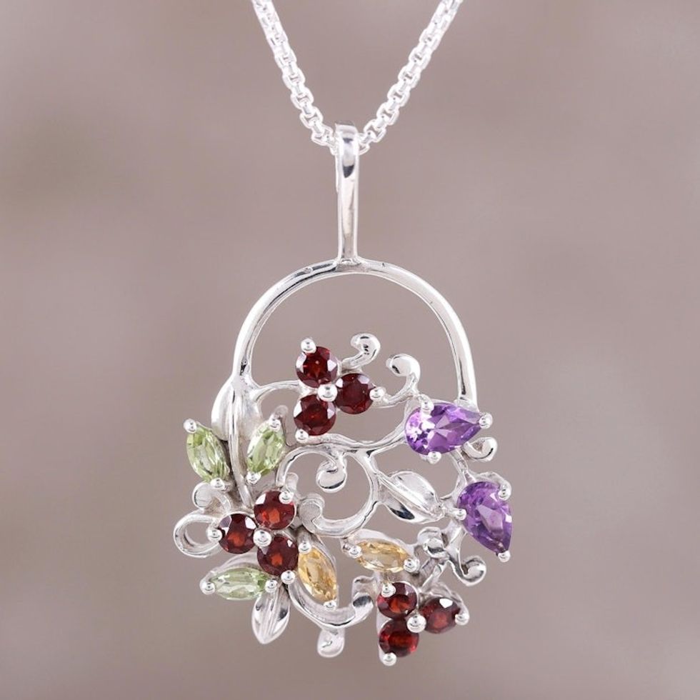 Multi-Gemstone Sterling Silver Pendant Necklace from India 'Bouquet of Beauty'