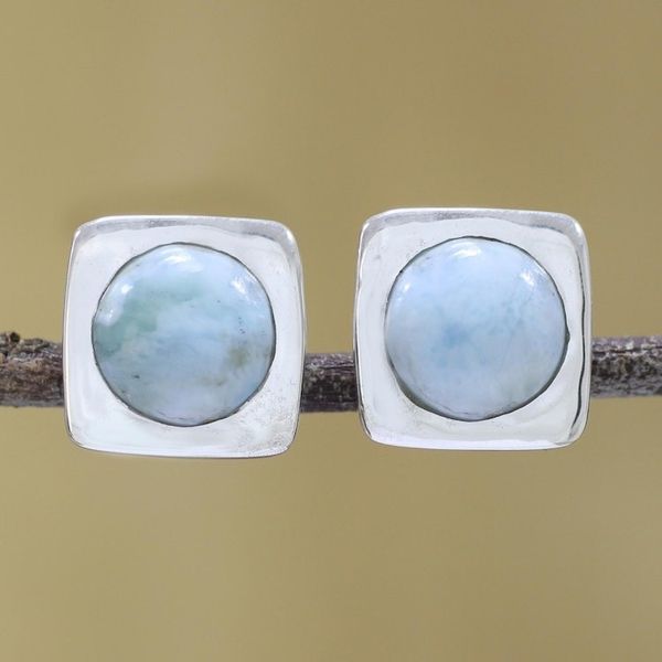 Alternate image for Larimar and Sterling Silver Button Earrings from India Encompass