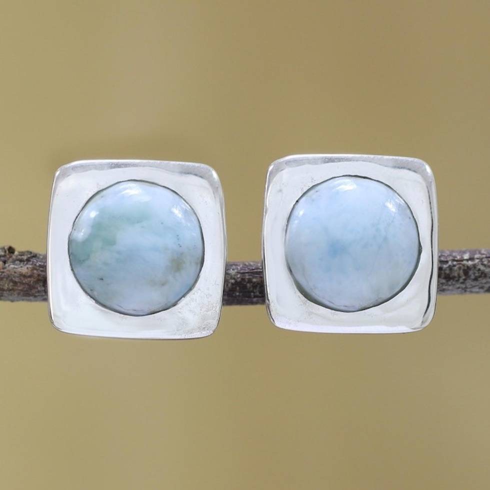 Larimar and Sterling Silver Button Earrings from India 'Encompass'