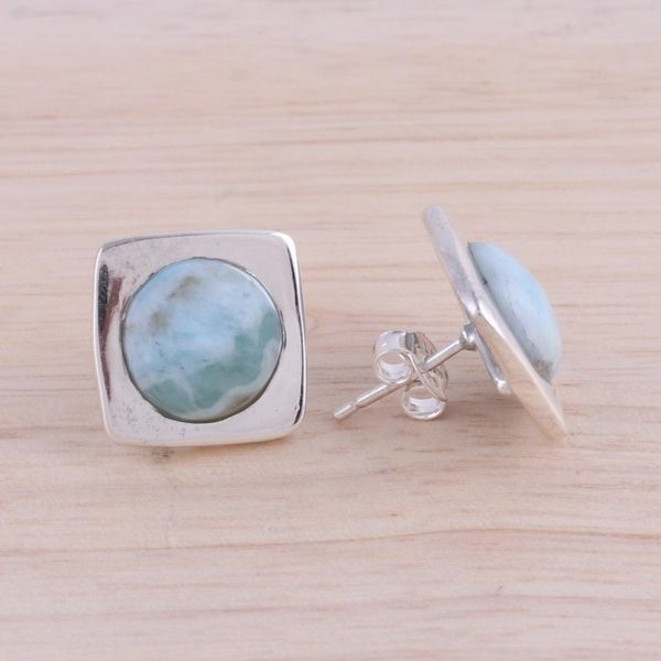 Alternate image for Larimar and Sterling Silver Button Earrings from India Encompass