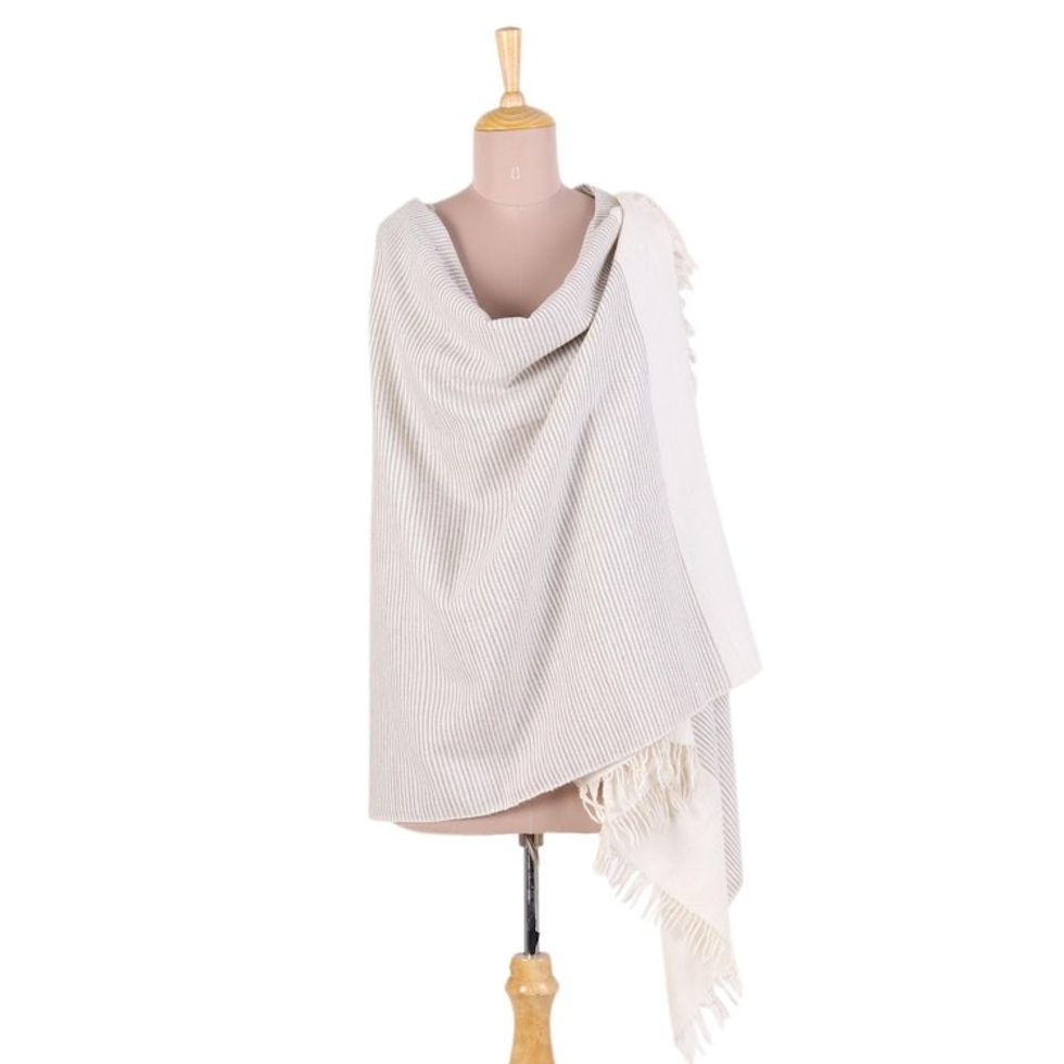 Artisan Knitted Wool Blend Grey and Ivory Pin Stripe Shawl 'Discreet Stripes'