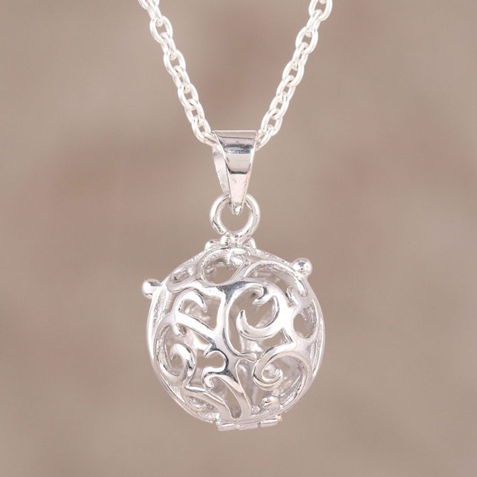 Sterling Silver Locket Necklace Crafted in India 'Globe of Vines'