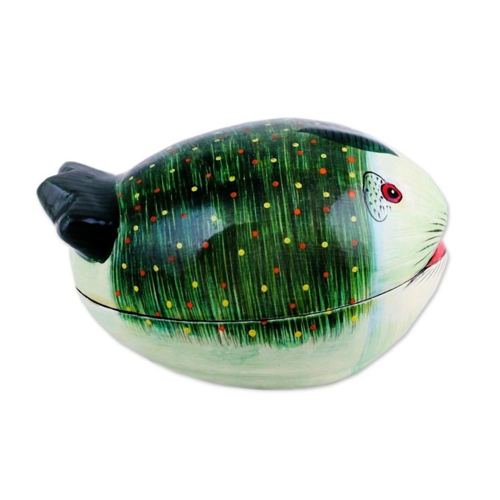 Hand-Painted Papier Mache Fish Decorative Box from India 'Green Fish'
