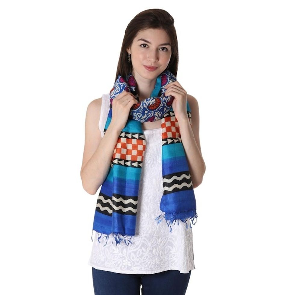 Block Printed Floral Motif Fringed Silk Shawl from India 'Floral Vine'