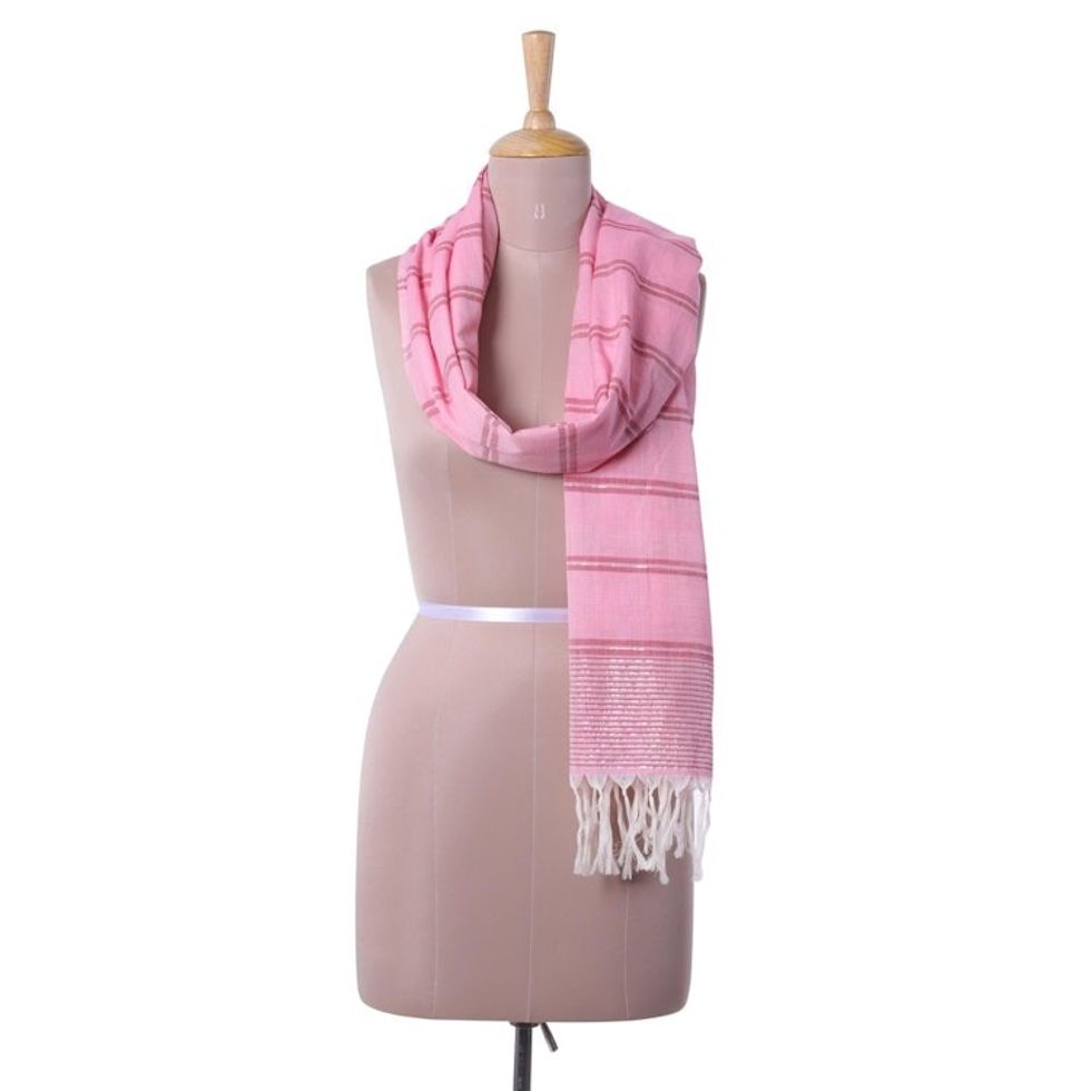 Hand Woven Pink Striped Cotton Wrap Scarf from India 'Lovely Pink'