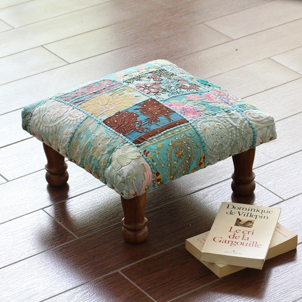 Fair Trade Embellished Ottoman Foot Stool from India 'Rajasthani Patchwork'