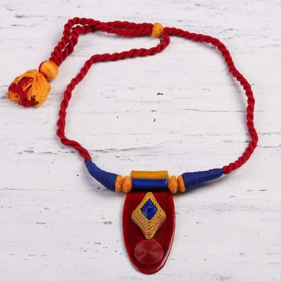 Red Ceramic and Cotton Pendant Necklace from India 'Festival of Colors'