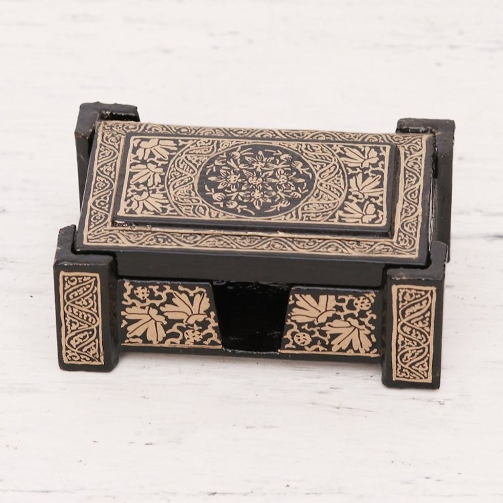 Hand-Painted Leaf Gold and Black Wooden Card Holder 'Midnight Leaves'