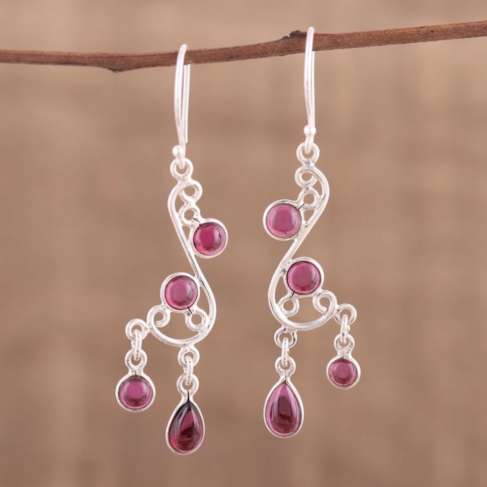 Garnet and Silver Swirling Chandelier Earrings from India 'Windy Dance'