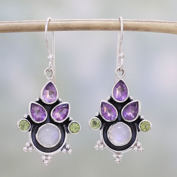 Alternate image for Multi-Gem Amethyst Rainbow Moonstone and Peridot Earrings Colorful Bunch