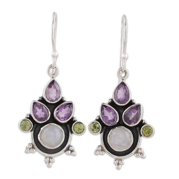 Alternate image for Multi-Gem Amethyst Rainbow Moonstone and Peridot Earrings Colorful Bunch