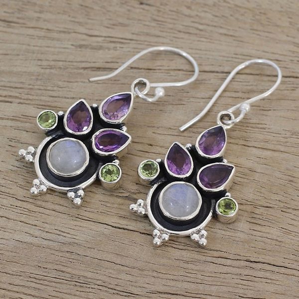 Alternate image for Multi-Gem Amethyst Rainbow Moonstone and Peridot Earrings Colorful Bunch