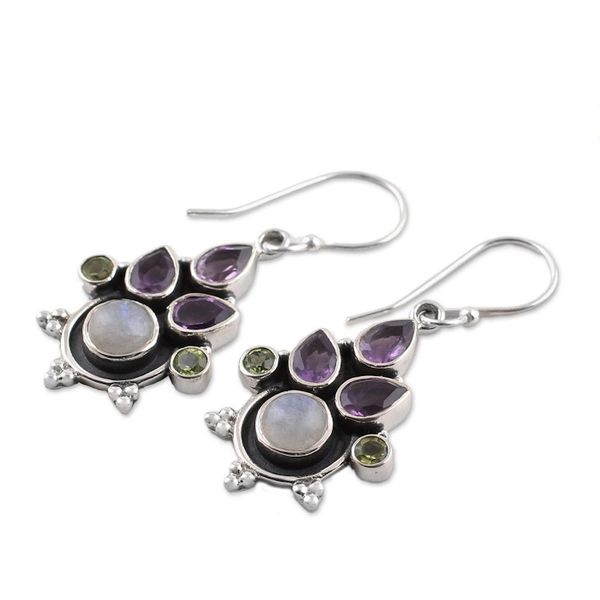 Alternate image for Multi-Gem Amethyst Rainbow Moonstone and Peridot Earrings Colorful Bunch