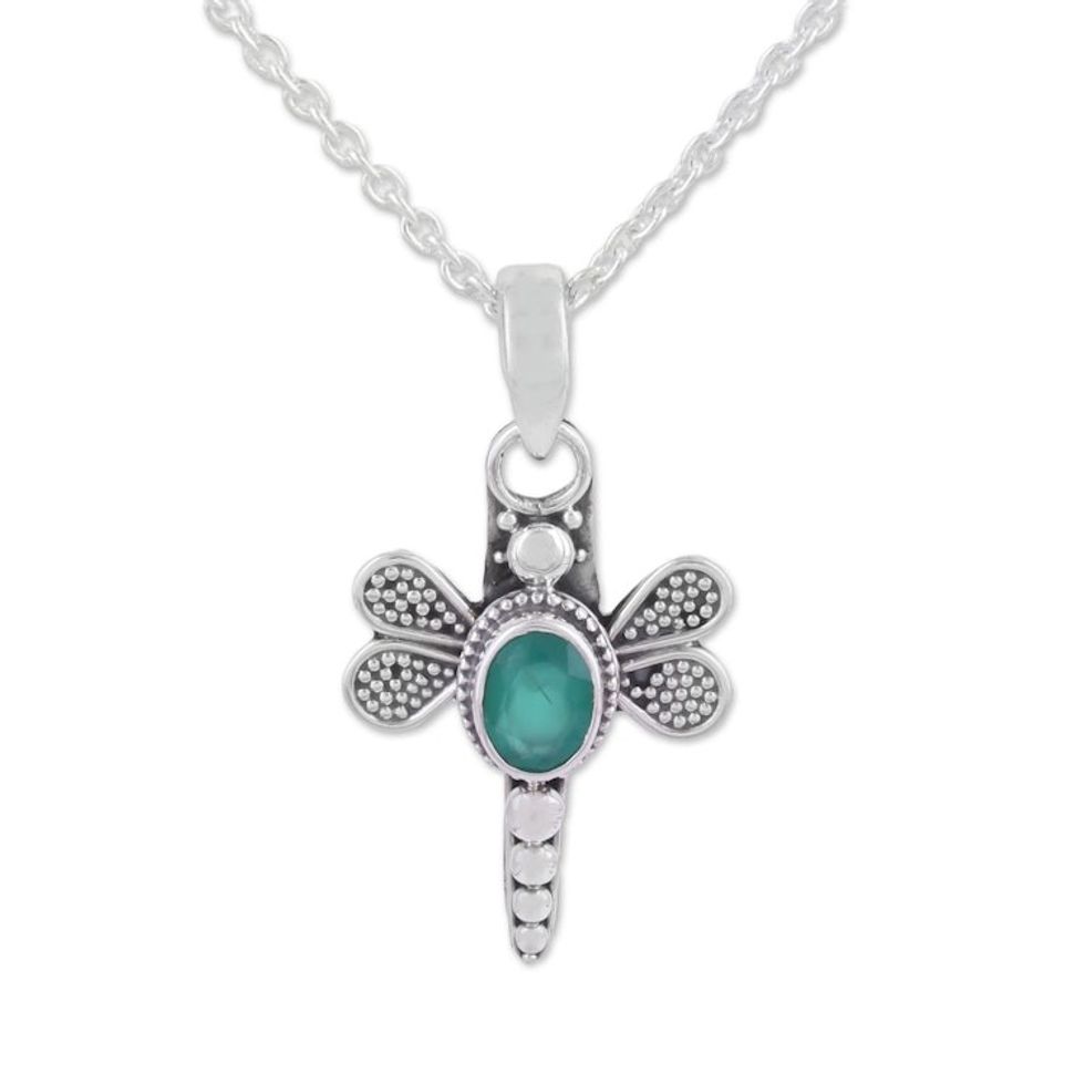 Green Onyx Dragonfly Pendant Necklace from India 'Fluttering Dragonfly'