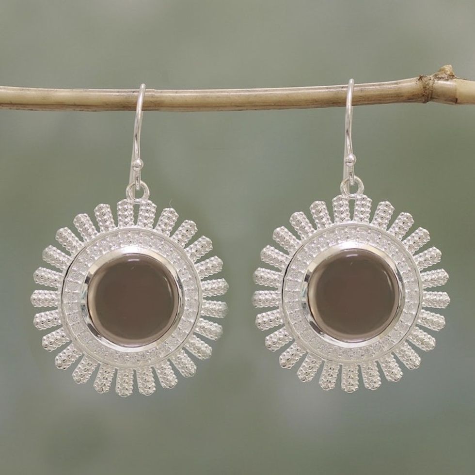Smoky Quartz and Sterling Silver Dangle Earrings from India 'Sparkling Suns'
