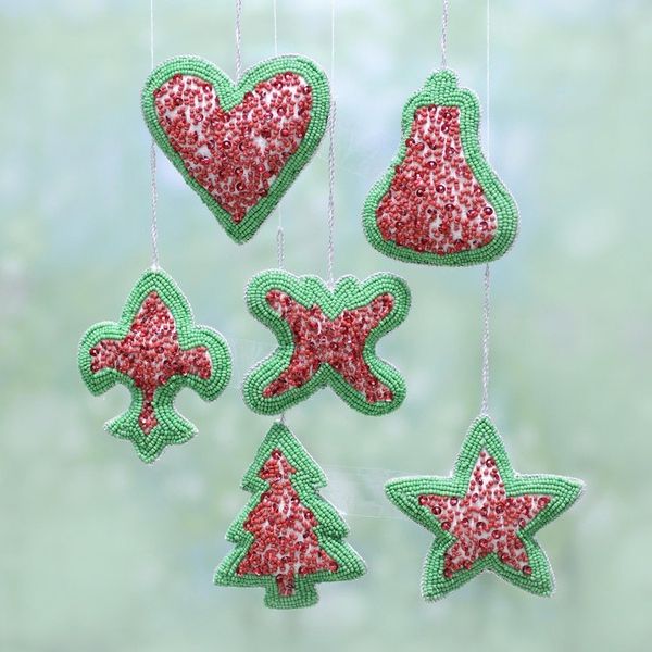Alternate image for Set of Six Indian Christmas Ornaments in Red and Green Christmas Party