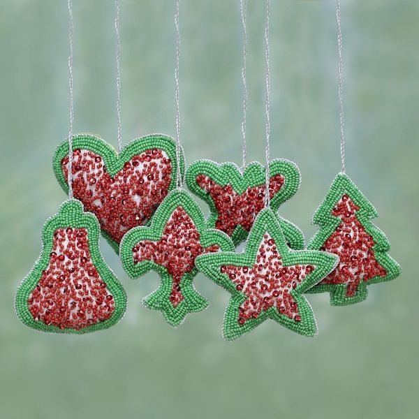 Alternate image for Set of Six Indian Christmas Ornaments in Red and Green Christmas Party